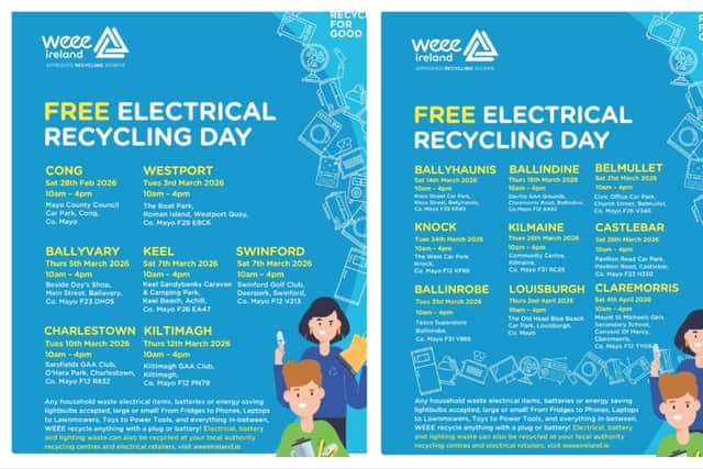 Collections will be ongoing throughout March and April at locations throughout the county. Anything with a plug, battery or cable can be recycled for free on the day, including old washing machines, TVs, toasters and kettles, electronic tools and toys, cables, IT equipment, mobile phones, remote controls, batteries, including farm fence batteries, and even watches. 