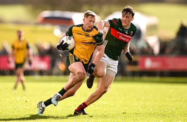 Donnacha McHugh chases down Oisin Gallen in Letterkenny. Pic: Sportsfile.