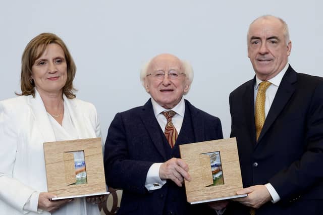 Orlaith and Ciaran Staunton receiving the Presidential Distinguished Service Award for the Irish Abroad from President Michael D. Higgins