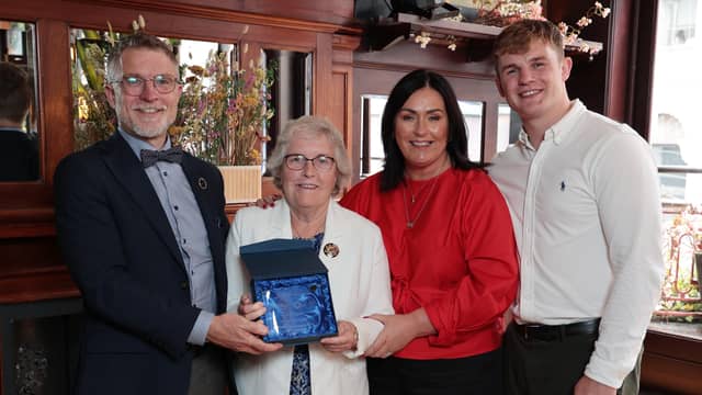 Anne Lyons, second from left, receives her award with, from left, Cól Campbell of Bewley’s, Martina Jennings of Mayo Roscommon Hospice Foundation and Felix Campbell of Bewley's. Pic: Robbie Reynolds.