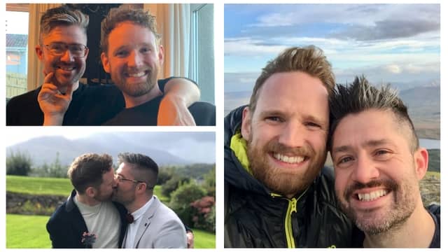 Mayo Pride organiser Conor Wilson (right photo on the left) and his husband Derek Harsberger.