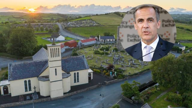 St Patrick's Church in Aughagower (Pic: Mick Reynolds) and Mark Carney in the inset (Pic: Flickr)