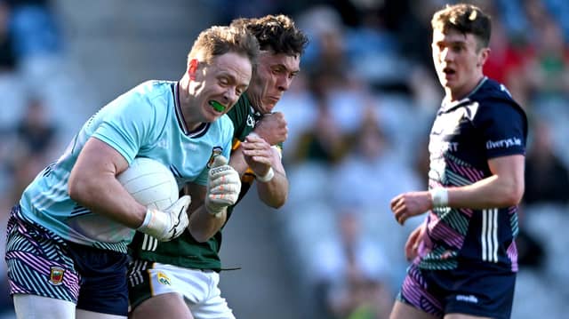 Mayo goalkeeper Colm Reape is fouled by David Clifford in the second half of today's final in Croke Park. Pic: Sportsfile.