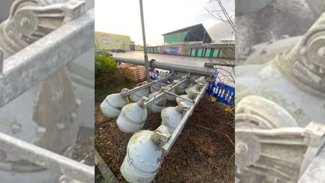 STORM DAMAGE A set of floodlights have been taken down at Hastings Insurance MacHale Park. Pic: Conor McKeown