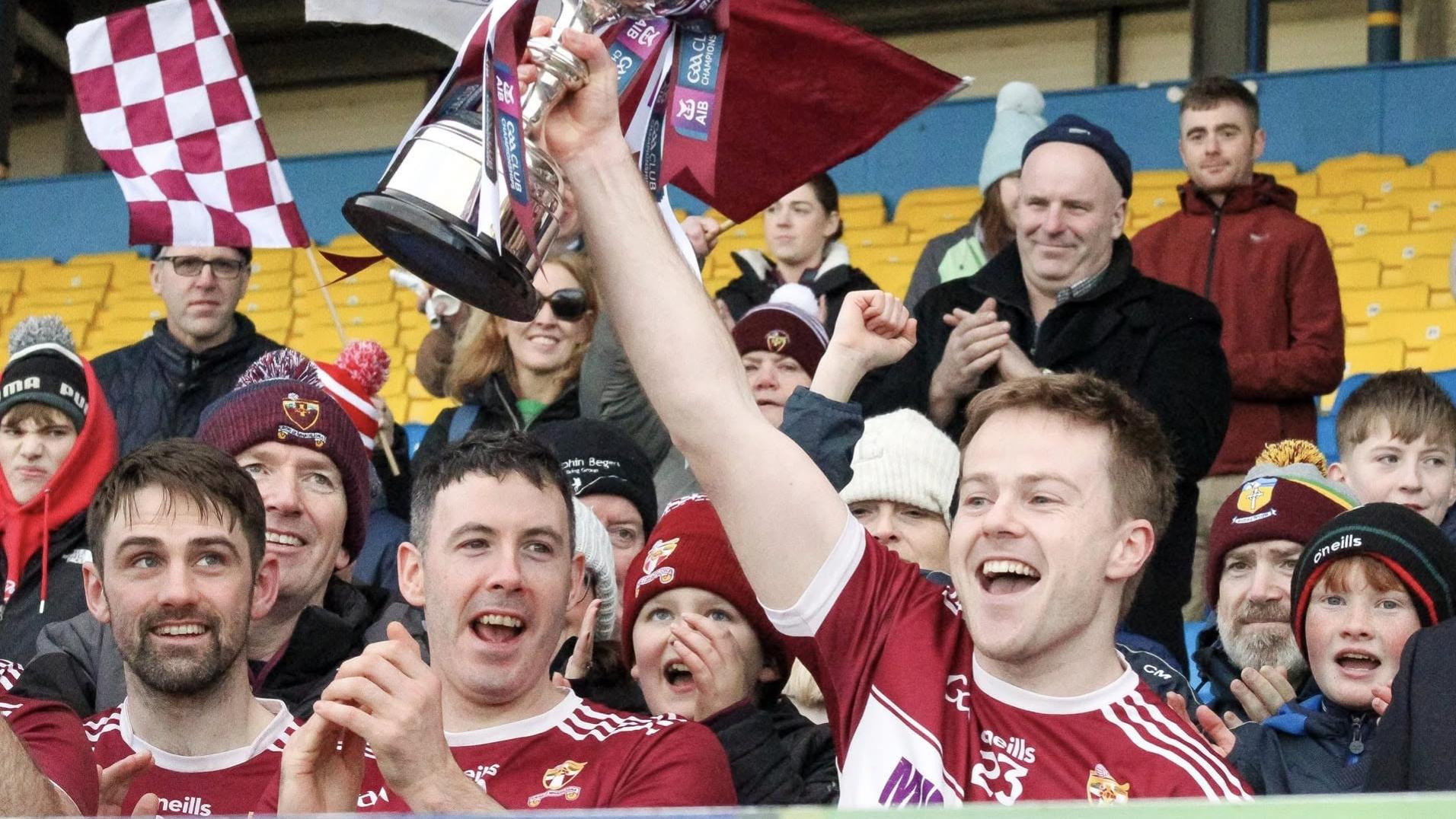 Mikie Loftus lifting the 2024 Connacht Intermediate Club Championship title. Pic: Mayo GAA
