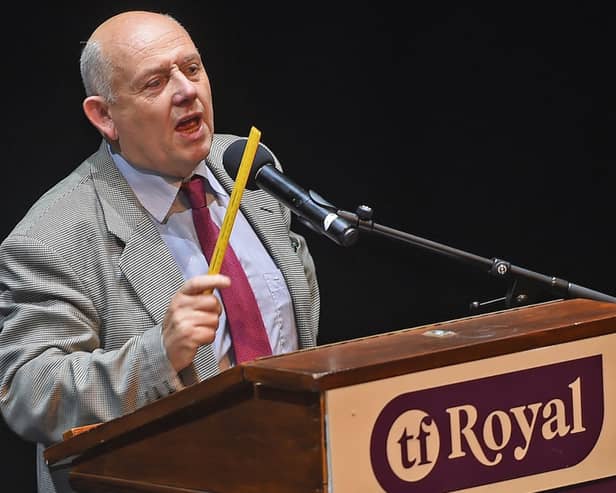 Patsy O'Brien speaking at the count centre in the TF Royal Hotel & Theatre following the 2024 General Election count (Pic: Conor McKeown)