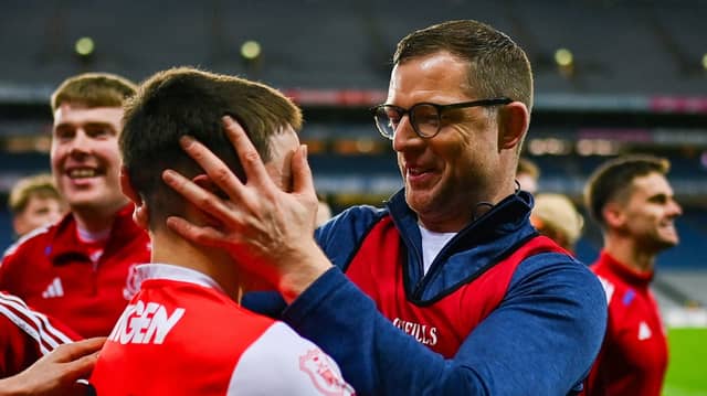 Mayo nativie Austin O'Malley (right) with Cuala's Conor Groarke after they captured their first ever Leinster senior football title (Pic: Sportsfile/Ben McShane)