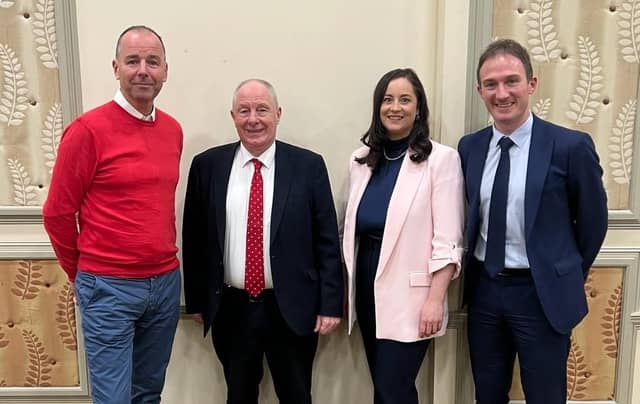 Mayo Fine Gael TDs Michael Ring and Alan Dillon pictured together recently with Fine Gael candidates in Westport for the upcoming local elections, Cllr Peter Flynn and Keira Keogh.