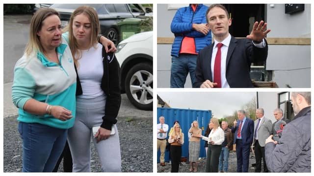 Pictured (left) outside her home in Páirc na Coille in Westport is Linda Claxton, who was joined by elected representatives and general election candidates (Pics: The Mayo News)