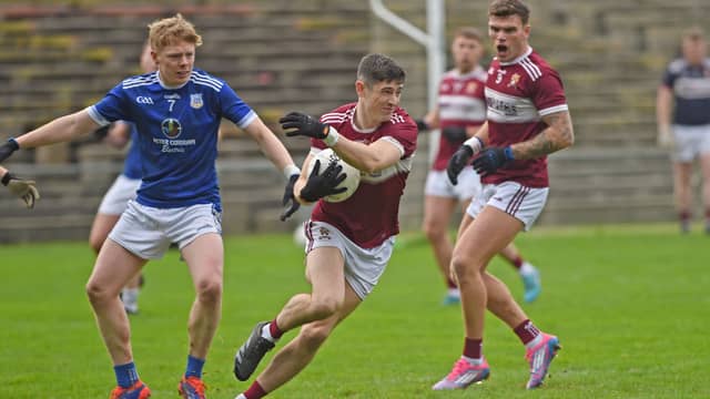 Crossmolina's Conor Loftus breaks through a challenge during the 2024 Connacht Intermediate Football Championship semi-final against St Michael’s (Pic: Conor McKeown)