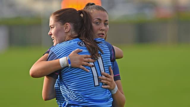 Fionnuala McLaughlin (11) and Laura Moran console each other after Westport's Connacht senior club final defeat to Kilkerrin-Clonberne (Pics: Conor McKeown)