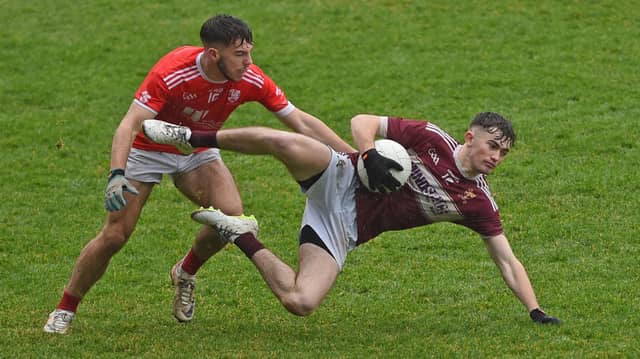 Diarmuid Coggins of Crossmolina in posession during the 2024 Mayo Intermediate Football Championship final against Moy Davitts (Pic: Conor McKeown)