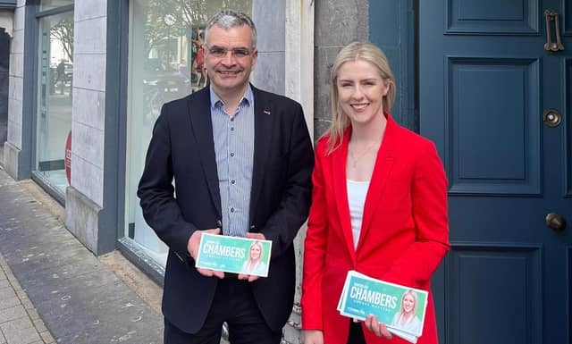 ON THE CAMPAIGN TRAIL Senator Lisa Chambers with party colleague Dara Calleary canvassing Ballina for a seat in the Midlands–North-West European election constituency. Pic: Facebook/Lisa Chambers
