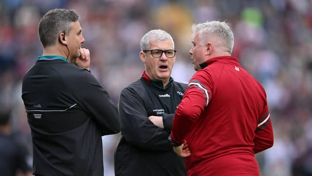 Pictured at the 2024 Connacht final in Pearse Stadium (left to right) are Damien Mulligan, Kevin McStay and Stephen Rochford (Pic: Seb Daly/Sportsfile)