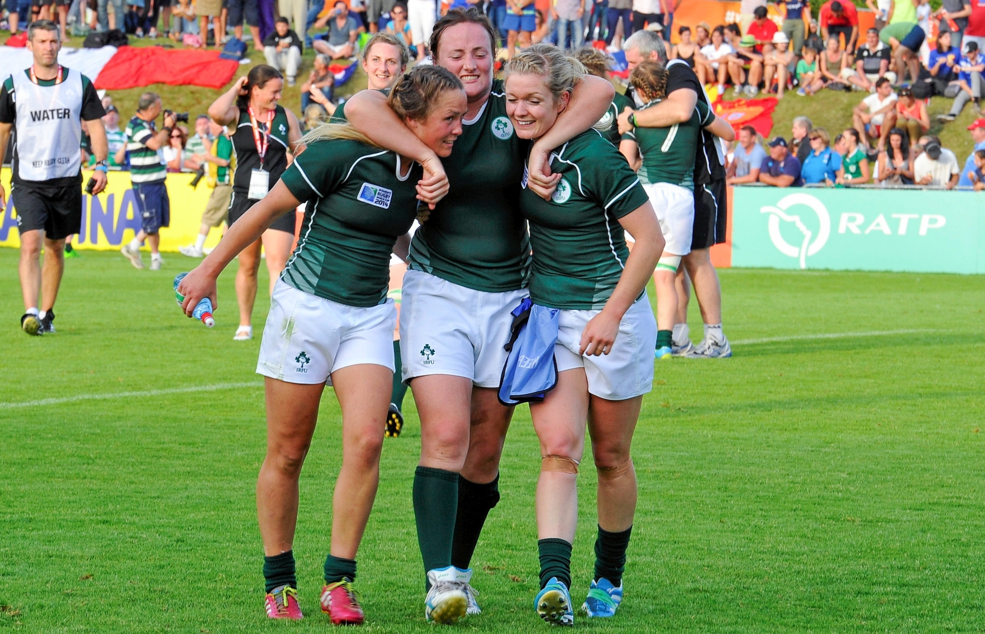 The image that ran with the first An Cailín Rua column ten years ago. Ashleigh Baxter, Ailis Egan and Vicky McGinn after their Rugby World Cup win over New Zealand. Pic: AurÈlien Meunier/Sportsfile