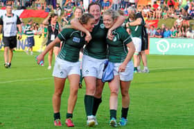 The image that ran with the first An Cailín Rua column ten years ago. Ashleigh Baxter, Ailis Egan and Vicky McGinn after their Rugby World Cup win over New Zealand. Pic: AurÈlien Meunier/Sportsfile