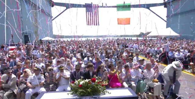Crowds gathered at Bath Iron Works in Maine following the christening of the USS Patrick Gallagher