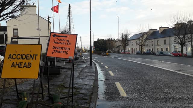 Signs in Ballindine village diverting traffic from the N17 onto the R328 towards Irishtown
