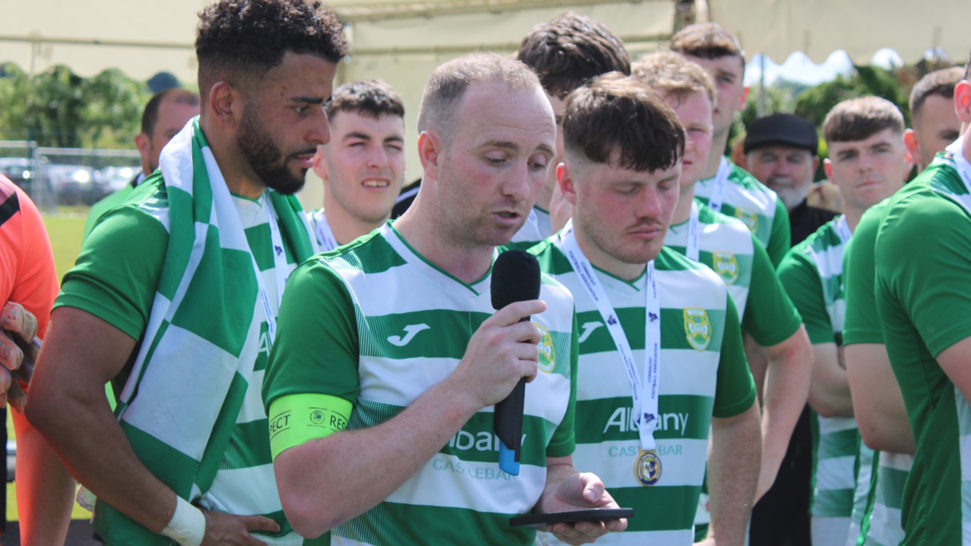Castlebar Celtic captain Ioseph O'Reilly speaking after the club's Connacht Junior Cup final win over Maree Oranmore in Lecarrow (Pic: The Mayo News)
