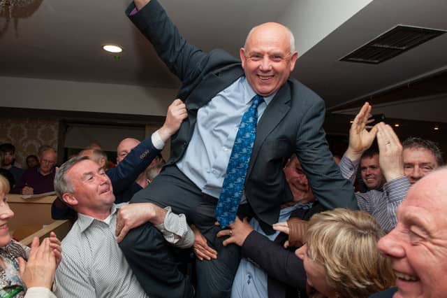 Patsy O'Brien was held aloft by supporters in 2019 after the first count in the Claremorris Electoral Area revealed he has received the biggest ever numerical vote in a Mayo County Council election