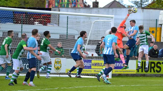 Castlebar Celtic and Salthill in action during Celtic's 1-0 Connacht Cup semi-final win in Celtic Park (Pic: John Corless)