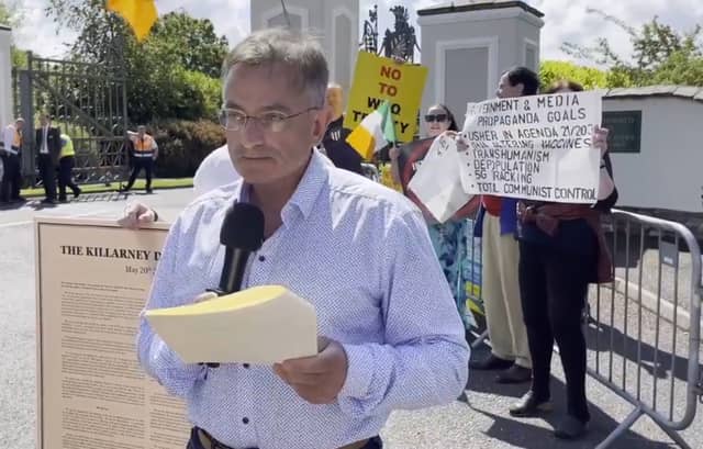 DIVISIVE FIGURE Eddie Hobbs launching his Killarney Declaration outside the Global Economic Summit on May 20 (Pic: x.com/@RealEddieHobbs)