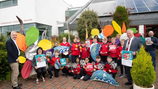 Pupils from Castlebar Primary School with Michael Loftus and Mayo County Library and Arts Office staff at the launch of Cruinniú na nÓg (Photo: Alison Laredo)24 - Mayo Celebrates Childr