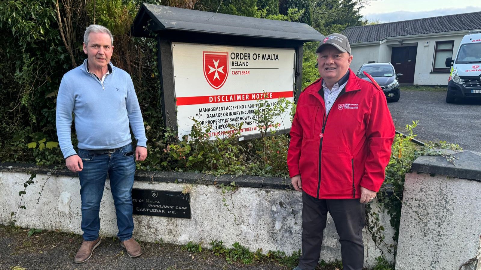 Long standing Volunteer and Officer at Castlebar Order of Malta pictured with   Cllr Ger Deere at its Hq on Pavillion Rd which received £474.000 today under Town and Village renewal to rebuild their p