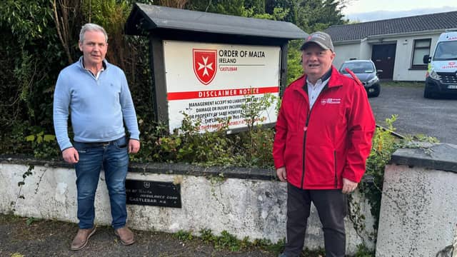 Long standing Volunteer and Officer at Castlebar Order of Malta pictured with Cllr Ger Deere at its Hq on Pavillion Rd which received £474.000 today under Town and Village renewal to rebuild their p