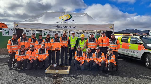 Minister Jack Chambers and members of the Westport Coast Guard Unit at the official sod turning of the new Coast Guard Station in Westport