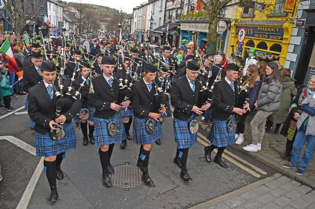 The Clew Bay Pipe Band taking part in the 2023 St Patrick's Day Parade in Westport.