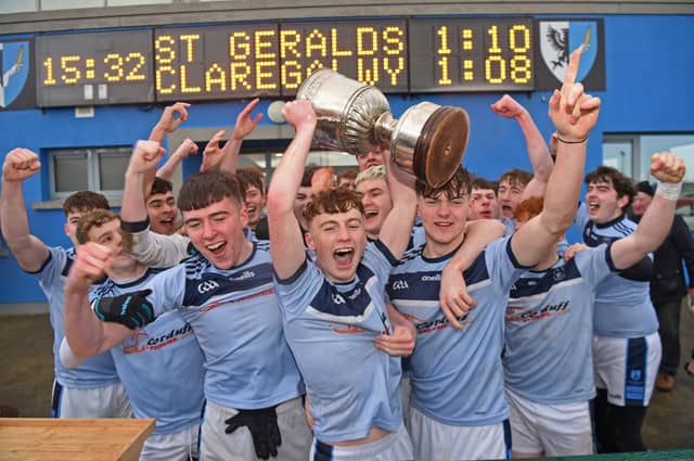 BLUE HEAVEN: Fionan O'Reilly and his St Gerald's team celebrate with the Aonghus Murphy Cup after their victory in the Connacht College A final. Picture: Conor McKeown