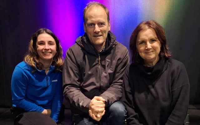 BEHIND THE SCENES Anna Brizay, Technical and Building Manager at the Linenhall; Cathal McCarthy, visual artist; and Deirdre Melvin, Arts Access Officer at the Linenhall Arts Centre.
