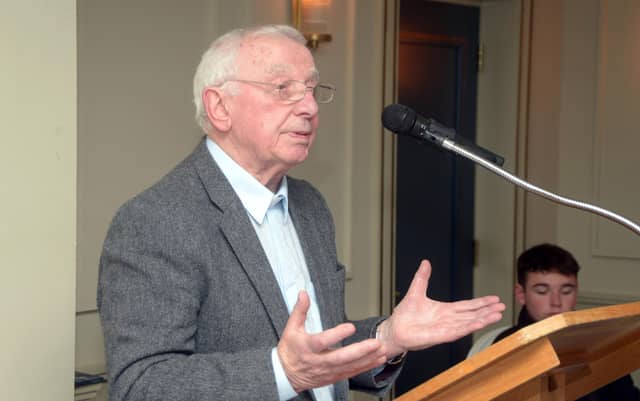 TREASURING A PIECE OF WESTPORT Fr Tony King, speaking at the launch of his book, Challenging Fences, in the Castlecourt Hotel. Pic: Frank Dolan