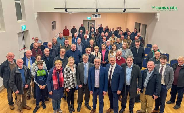 Fianna Fáil local election candidates Damien Ryan and Stephen Nolan pictured with supporters at the selection convention held in Ballyhaunis Community School