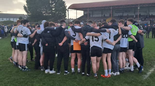 The Kilmeena team in a huddle after their Connacht final defeat to Monivea