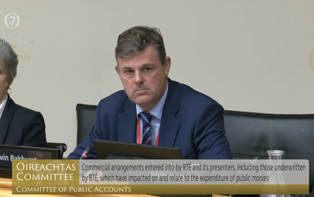 RTÉ DG Kevin Bakhurst appearing before the Public Accounts Committee last Thursday, July 13, as shown on Oireachtas TV.
