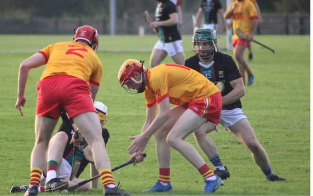 St Ciaráns and Castlebar Mitchels battle for possession in the opening round of the Mayo Senior Hurling Championship