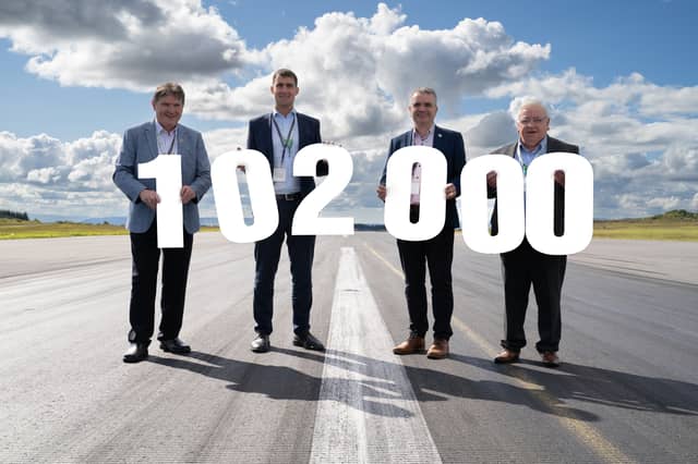 Minister Jack Chambers along with Joe Gilmore, Minister Dara Calleary and Cllr John Caulfield mark the occasion of record breaking passenger numbers during August at Knock Airport