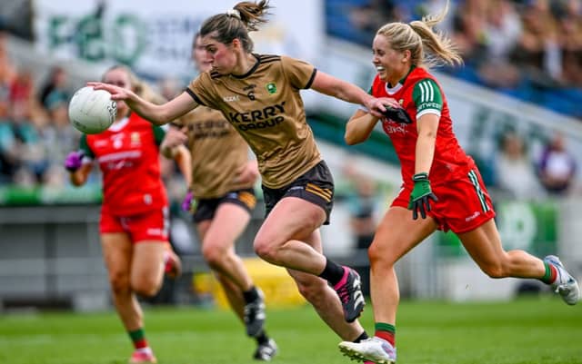 Mayo's Eilís Ronayne in pursuit of Kerry's Emma Costello during Mayo's All-Ireland semi-final defeat to Kerry (Pic: Sportsfile)