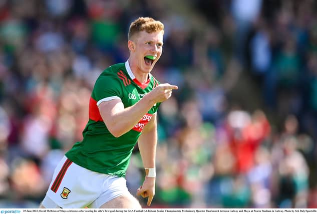 Mayo's David McBrien celebrates scoring a goal against Galway.