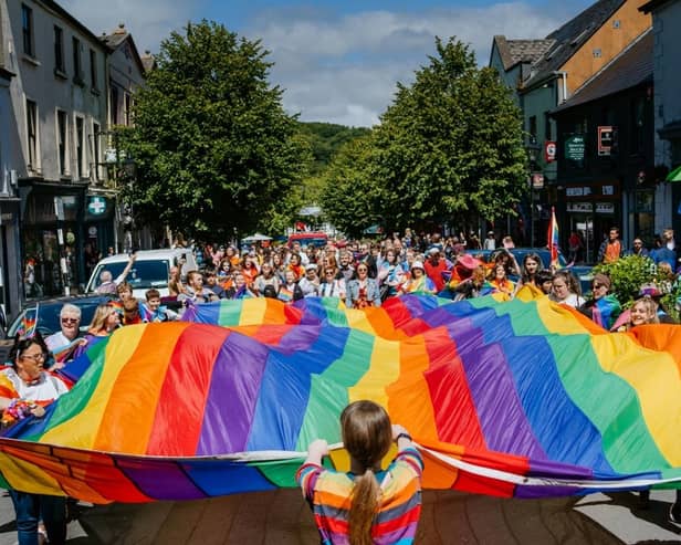 The Mayo Pride Parade is pictured on Bridge Street in Westport last year. This year's event starts at The Fairgreen in Westport at 2pm this Saturday.