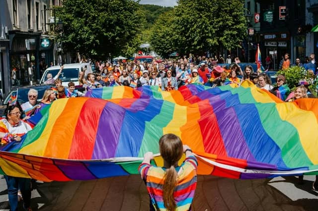 The Mayo Pride Parade is pictured on Bridge Street in Westport last year. This year's event starts at The Fairgreen in Westport at 2pm this Saturday.