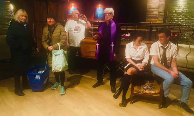 The cast of A Night Without Stars, left-right: Marion Walsh-McGuire (Bridie), Bríd Roe (Francie), John Fallon (Mike), Des Pollard (Priest), Vera Kilgannon (Tara), and Robert Holden (Man)
