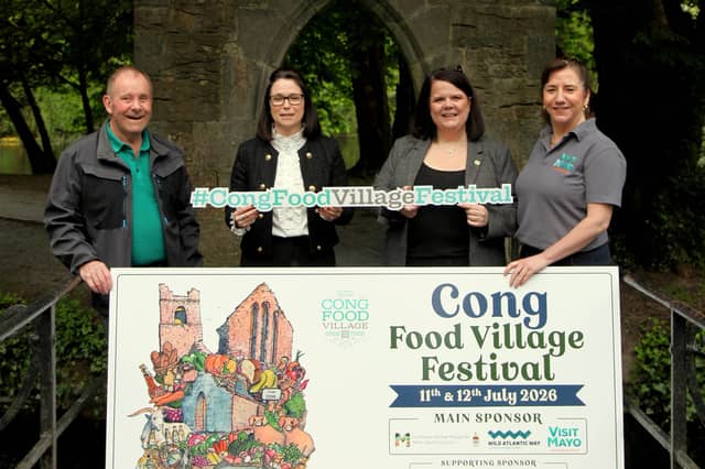 Pictured at Cong were, Ray McHugh(Site Manager Cong Food Village Festival),Regina Donaghue(Director of Marketing Ashford Castle), Mairead Geehan( Project Manager Cong Food Village) and Maura Murphy (Tourism Officer, Mayo County Council). Pic: Trish Forde