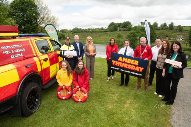 Representatives from Mayo County Council, emergency services and safety agencies at the Amber Thursday launch event at Turlough Park. Full caption below.