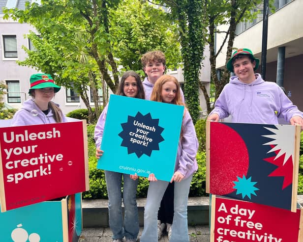 A group of County Mayo’s Comhairle na nÓg members celebrating the launch of Cruinniú na nÓg 2026. (From left to right) Grace Gallagher, Caoilainn McHugh, Paddy Doherty, Sorcha Cooney, Christopher Bradley. 