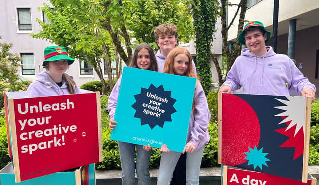 A group of County Mayo’s Comhairle na nÓg members celebrating the launch of Cruinniú na nÓg 2026. (From left to right) Grace Gallagher, Caoilainn McHugh, Paddy Doherty, Sorcha Cooney, Christopher Bradley.
