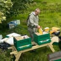 Dr Sean O’Connor with the Inishturk bee hives, equipped of a technology to advance native Irish honey bees research