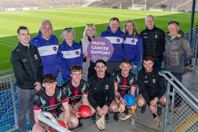 Pictured at the launch of Mayo Cancer Support Association’s 2026 Brave the Drop Croke Park Abseil Challenge in association with Mayo GAA at Hastings Insurance MacHale Park were (Back L-R) Paul Cunnane, PRO, Mayo GAA; Martin Carney, board member, Mayo Cancer Support; Joan Fitzgerald, Chairperson, Mayo Cancer Support; Ursula Skerritt, board member, Mayo Cancer Support, James Preston, Treasurer, Mayo Cancer Support, Orla Gillespie, CEO, Mayo Cancer Support; Seamus Tuohy, Chairperson, Mayo GAA and Tomas MacLochlainn, Surf Le Tomas, Achill Island (who provided the abseil gear). Front row (L-R) : Mayo GAA hurling and football players, Seamus Howard, John MacMonagle, Corey Scahill, Darren McHale and David Kenny.